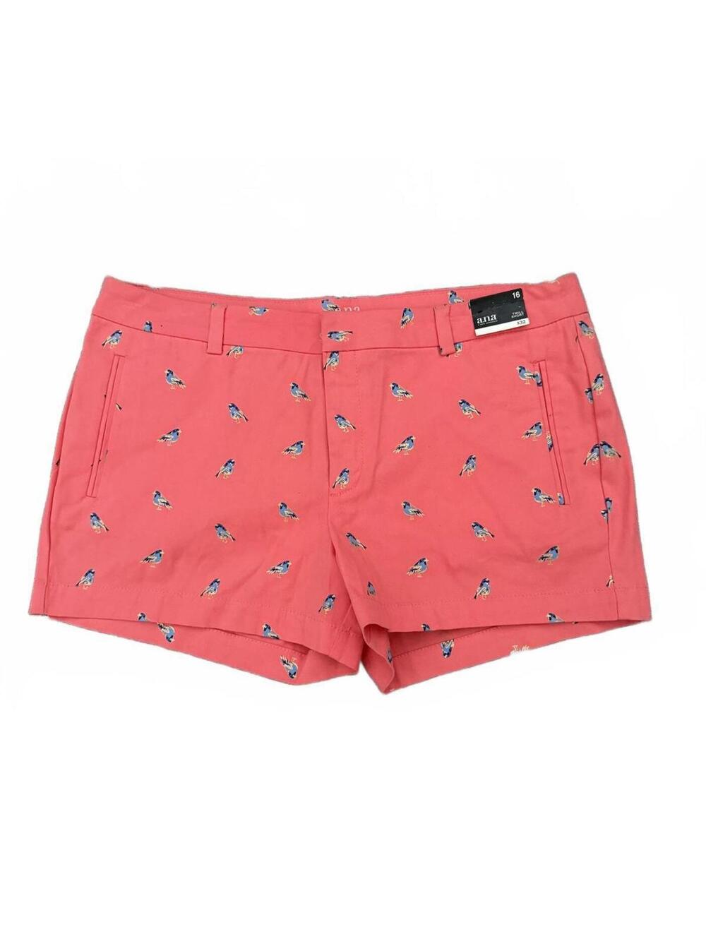 A.N.A. Women's Twill Shorts Size 16 Coral Blue Birds Summer Spring Resort Beach